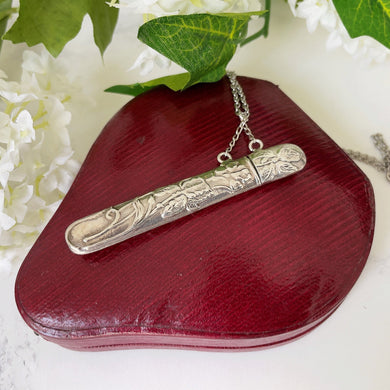 Vintage Sterling Silver Etui Needle Case Pendant Necklace. Victorian Art Nouveau Style Engraved Iris Silver Chatelaine Accessory