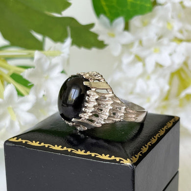 Vintage Whitby Jet Sterling Silver Ring. Gothic Dome Ring, 1977 Hallmark. Modernist Brutalist Sterling Silver Ring, UK/M, US/6.25, EU/52