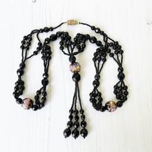 Load image into Gallery viewer, Antique Art Deco French Jet Sautoir Necklace. Black Venetian Murano Glass &amp; Italian Wedding Cake Beads. Long Flapper Necklace With Tassel
