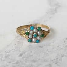 Load image into Gallery viewer, Georgian Pearl &amp; Turquoise 18ct Gold Ring. Antique Cluster/Halo Ring. Georgian Rococo Daisy Flower Ring, Size UK O, US 7, EU 54
