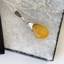 Load image into Gallery viewer, Vintage Baltic Amber Art Nouveau Style Pendant. Sterling Silver Natural Egg Yolk Yellow Amber Pendant &amp; Silver Chain. Honey Amber Necklace

