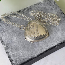 Load image into Gallery viewer, Vintage Sterling Silver Heart Locket Necklace. 1960s Baby Photo Love Heart Locket &amp; Chain. Edwardian Retro Floral Engraved Sweetheart Locket
