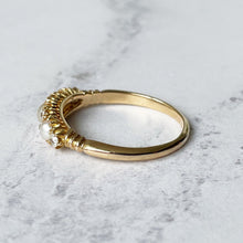 Cargar imagen en el visor de la galería, Antique Edwardian 18ct Gold Diamond Pearl Ring. Pearl Trilogy Ring. Antique Half Band Hoop Ring, Wedding, Engagement, Anniversary Ring
