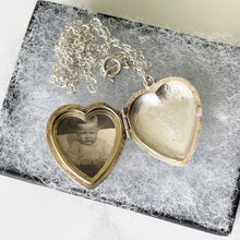 Load image into Gallery viewer, Vintage Sterling Silver Heart Locket Necklace. 1960s Baby Photo Love Heart Locket &amp; Chain. Edwardian Retro Floral Engraved Sweetheart Locket
