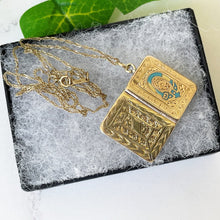Load image into Gallery viewer, Victorian 9ct Engraved Gold Book Locket &amp; Chain. Antique Gold, Enamelled Garter Belt Locket. Bible Locket With Hair/Photo Compartment
