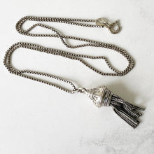 Lade das Bild in den Galerie-Viewer, Antique Victorian Silver Tassel Pendant &amp; Box Chain. Sterling Silver Albertina Charm With Foxtail Chain Dangles. Antique Fob Charm Pendant
