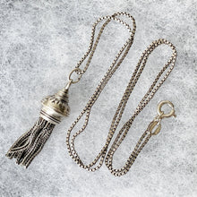 Load image into Gallery viewer, Antique Victorian Silver Tassel Pendant &amp; Box Chain. Sterling Silver Albertina Charm With Foxtail Chain Dangles. Antique Fob Charm Pendant
