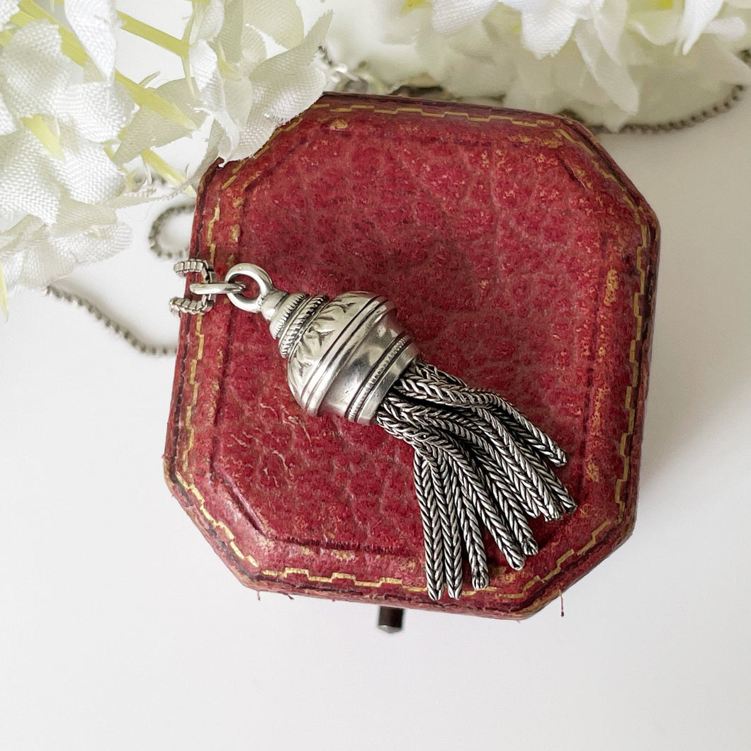 Antique Victorian Silver Tassel Pendant & Box Chain. Sterling Silver Albertina Charm With Foxtail Chain Dangles. Antique Fob Charm Pendant