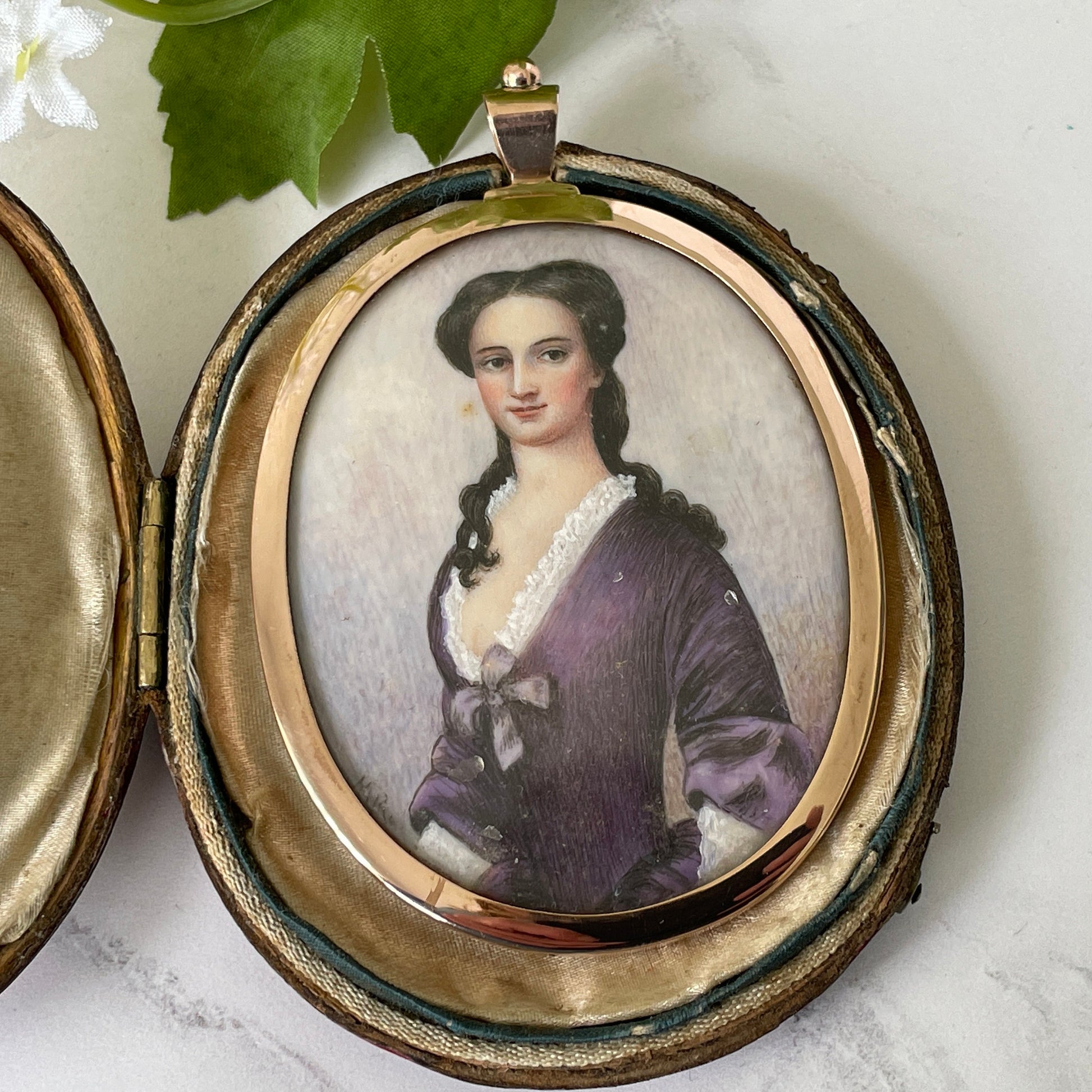 Antique Georgian 18ct Gold Portrait Miniature Locket. Cased 2-Sided Gold & Blue Enamel Love Token/Sentimental Locket With Gold Monogram.