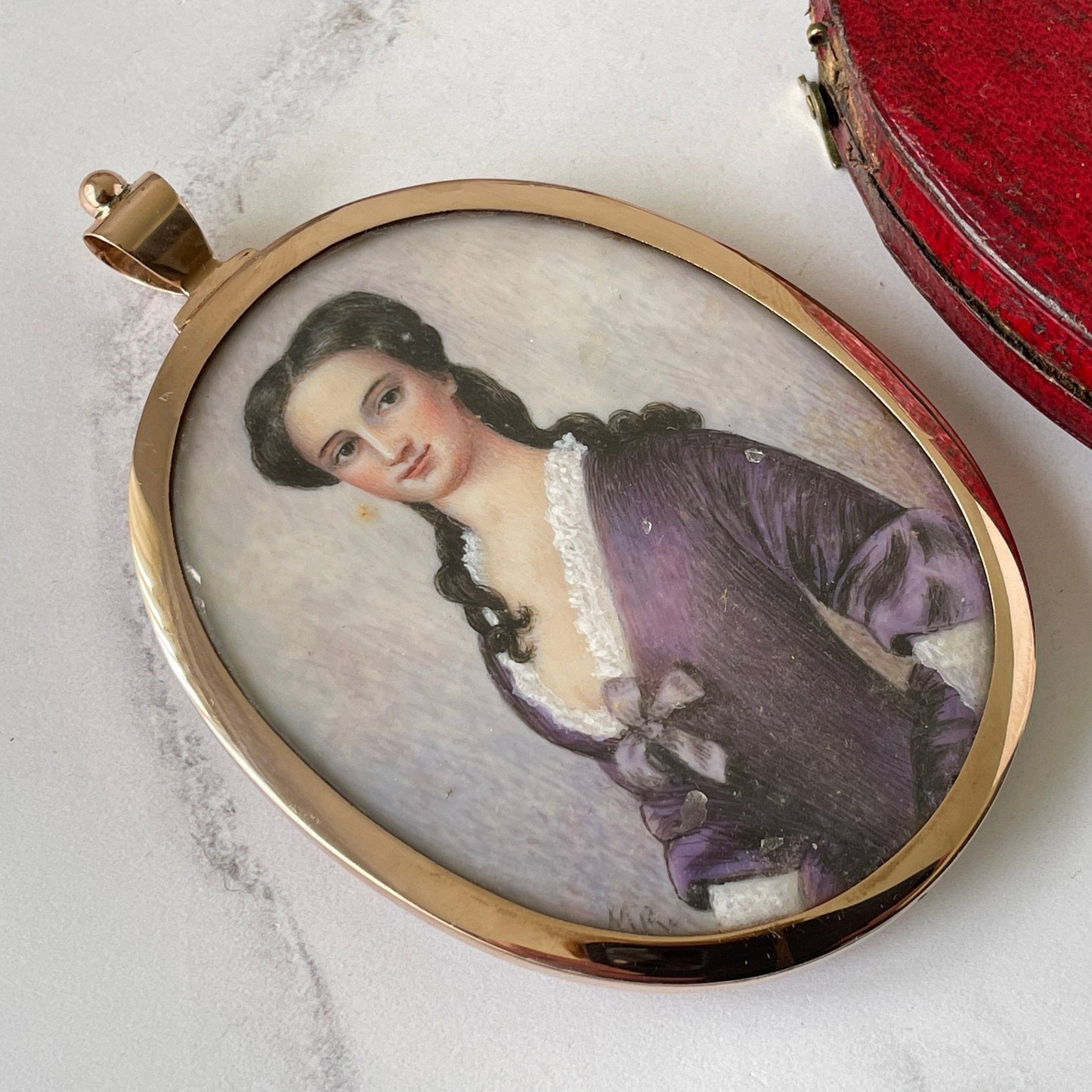 Antique Georgian 18ct Gold Portrait Miniature Locket. Cased 2-Sided Gold & Blue Enamel Love Token/Sentimental Locket With Gold Monogram.