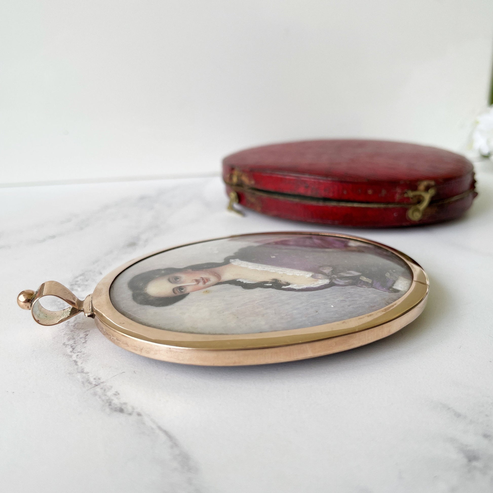 Antique Georgian 18ct Gold Portrait Miniature Locket. Cased 2-Sided Gold & Blue Enamel Love Token/Sentimental Locket With Gold Monogram.