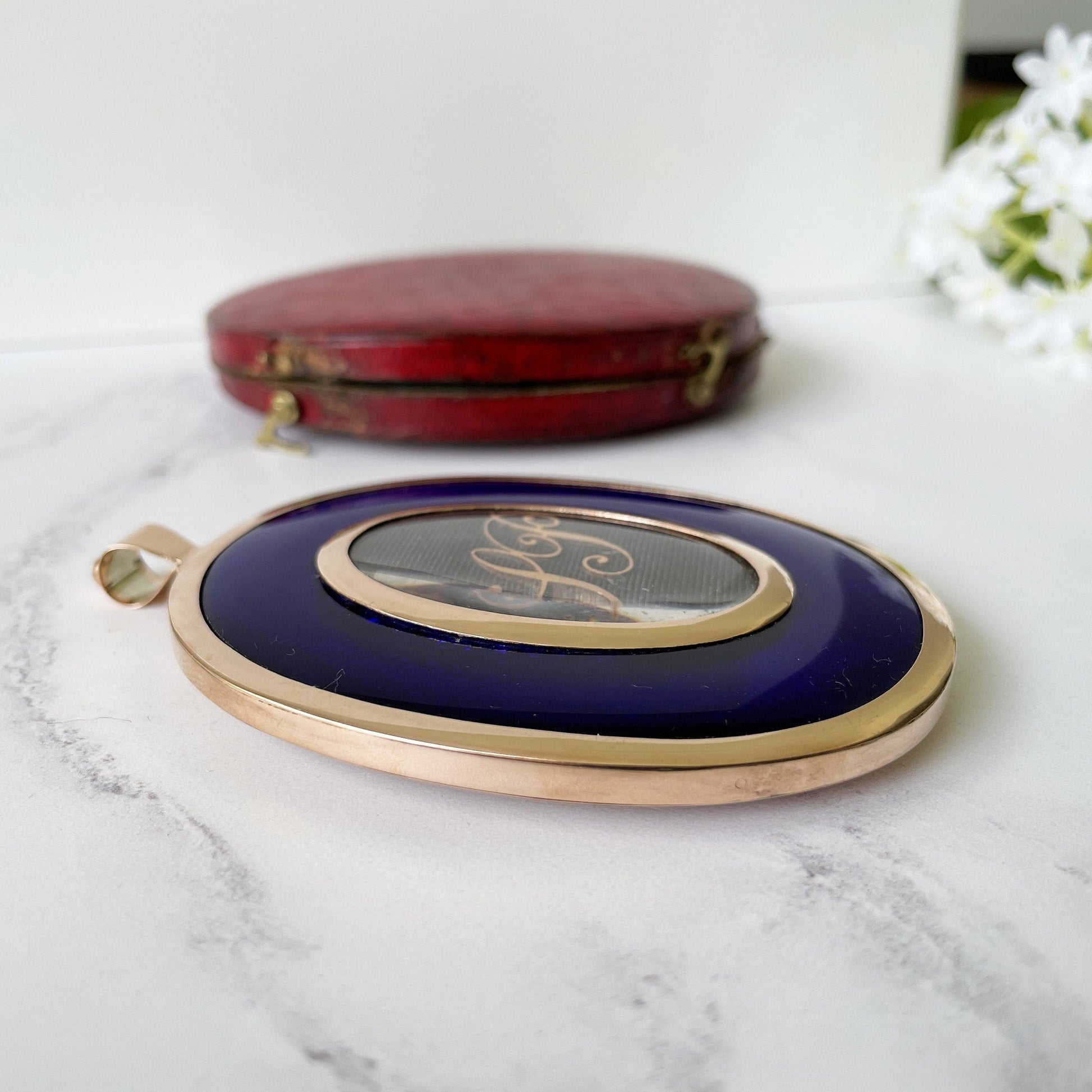 Antique Georgian 18ct Gold Portrait Miniature Locket. Cased 2-Sided Gold & Blue Enamel Love Token/Sentimental Locket With Gold Monogram.