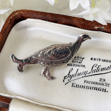 Vintage Scottish Silver Grouse Brooch. Figural Famous Grouse Game Bird Brooch/Cravat/Lapel Pin. Vintage Silver Jewelry Gifts For Him & Her