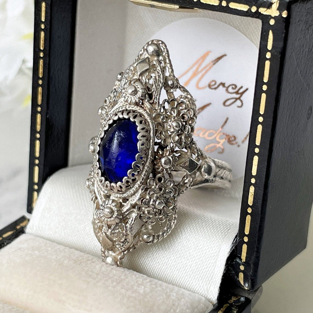Antique Victorian Silver Filigree Ring. Paste Sapphire Marquise Ring. Renaissance Revival Baroque Ring. Size US 7/UK N.5/EU 54