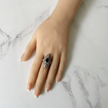 Cargar imagen en el visor de la galería, Antique Victorian Silver Filigree Ring. Paste Sapphire Marquise Ring. Renaissance Revival Baroque Ring. Size US 7/UK N.5/EU 54
