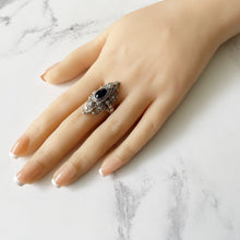 Load image into Gallery viewer, Antique Victorian Silver Filigree Ring. Paste Sapphire Marquise Ring. Renaissance Revival Baroque Ring. Size US 7/UK N.5/EU 54
