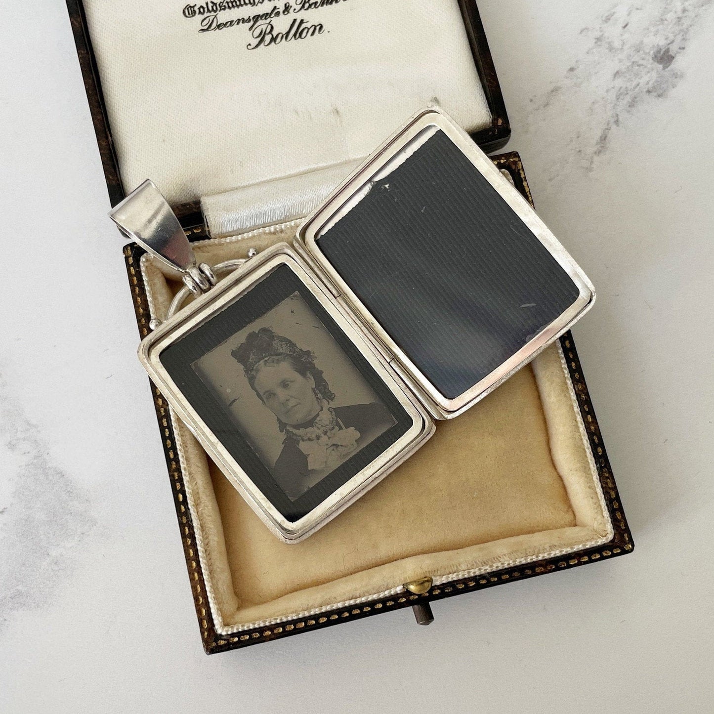 Antique Victorian Sterling Silver & Gold Aesthetic Locket. Large Book Style Locket With Tintype Photo, British Registry Lozenge Mark, 1881