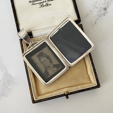 Cargar imagen en el visor de la galería, Antique Victorian Sterling Silver &amp; Gold Aesthetic Locket. Large Book Style Locket With Tintype Photo, British Registry Lozenge Mark, 1881
