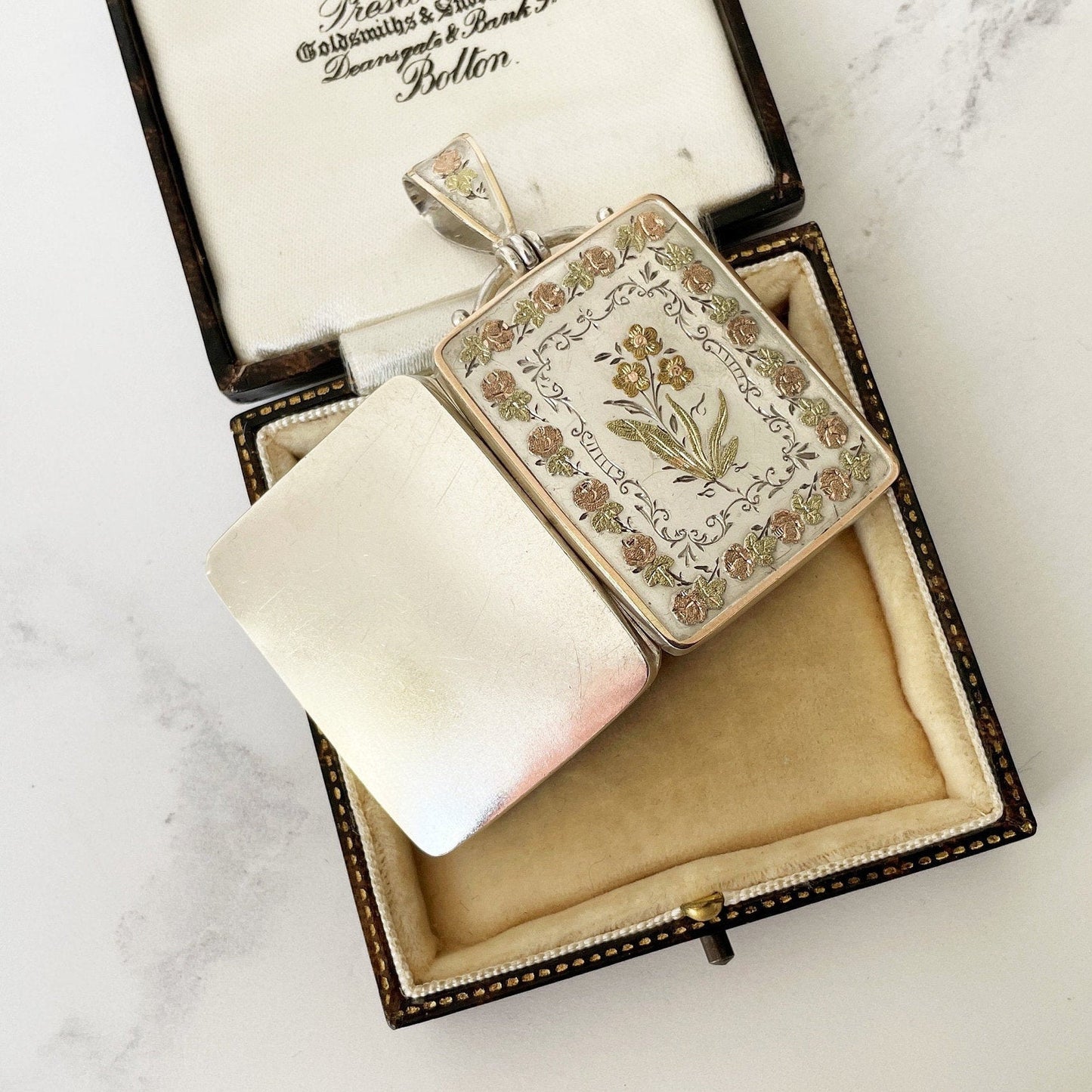 Antique Victorian Sterling Silver & Gold Aesthetic Locket. Large Book Style Locket With Tintype Photo, British Registry Lozenge Mark, 1881