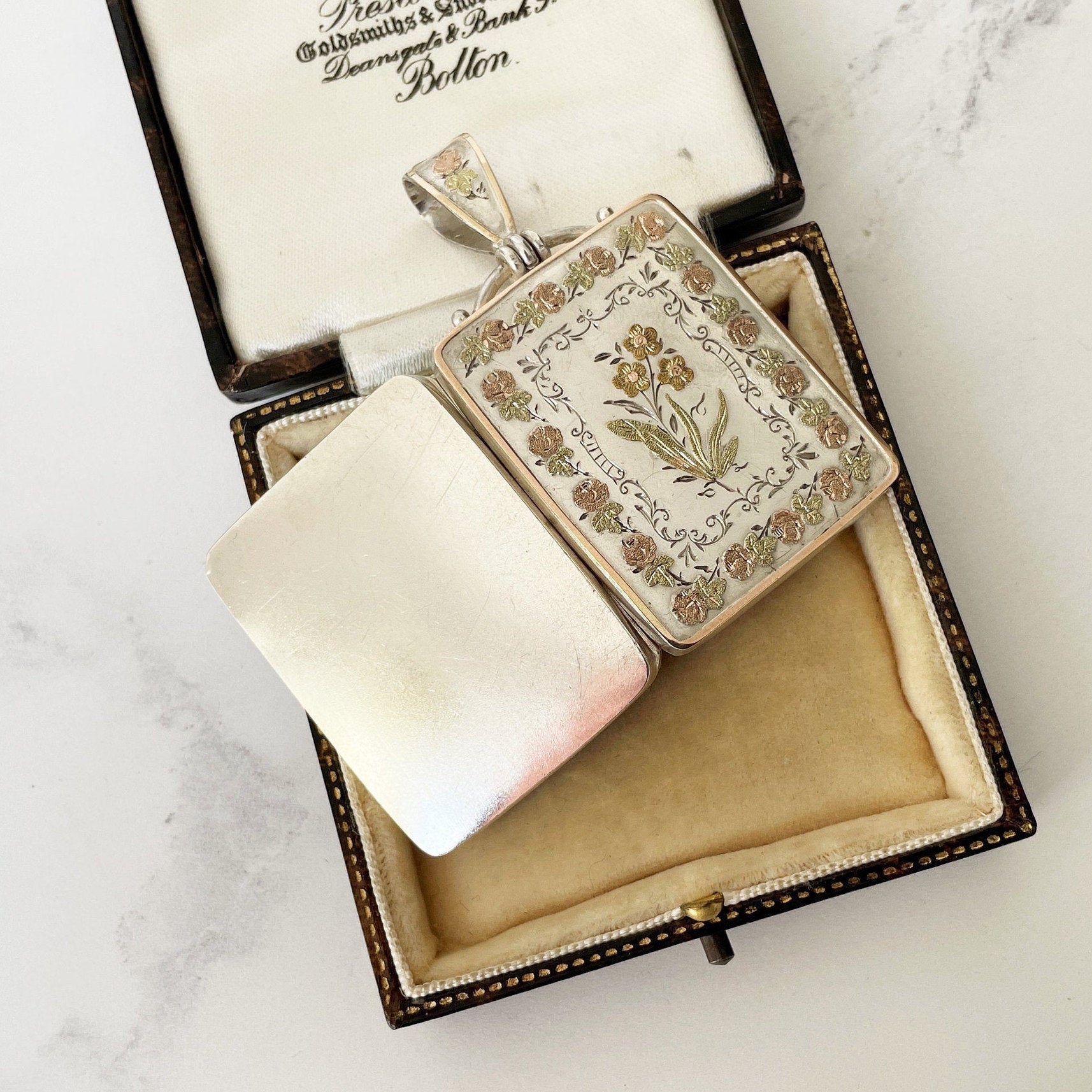 Antique Victorian Sterling Silver & Gold Aesthetic Locket. Large Book Style Locket With Tintype Photo, British Registry Lozenge Mark, 1881