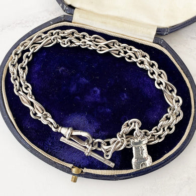 Victorian Scottish Silver Watch Chain Bracelet. Antique Lovers Knot Albertina Pocket Watch Chain, Castle Fob Charm, T-Bar, Dog Clip, c1883