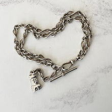 Load image into Gallery viewer, Victorian Scottish Silver Watch Chain Bracelet. Antique Lovers Knot Albertina Pocket Watch Chain, Castle Fob Charm, T-Bar, Dog Clip, c1883
