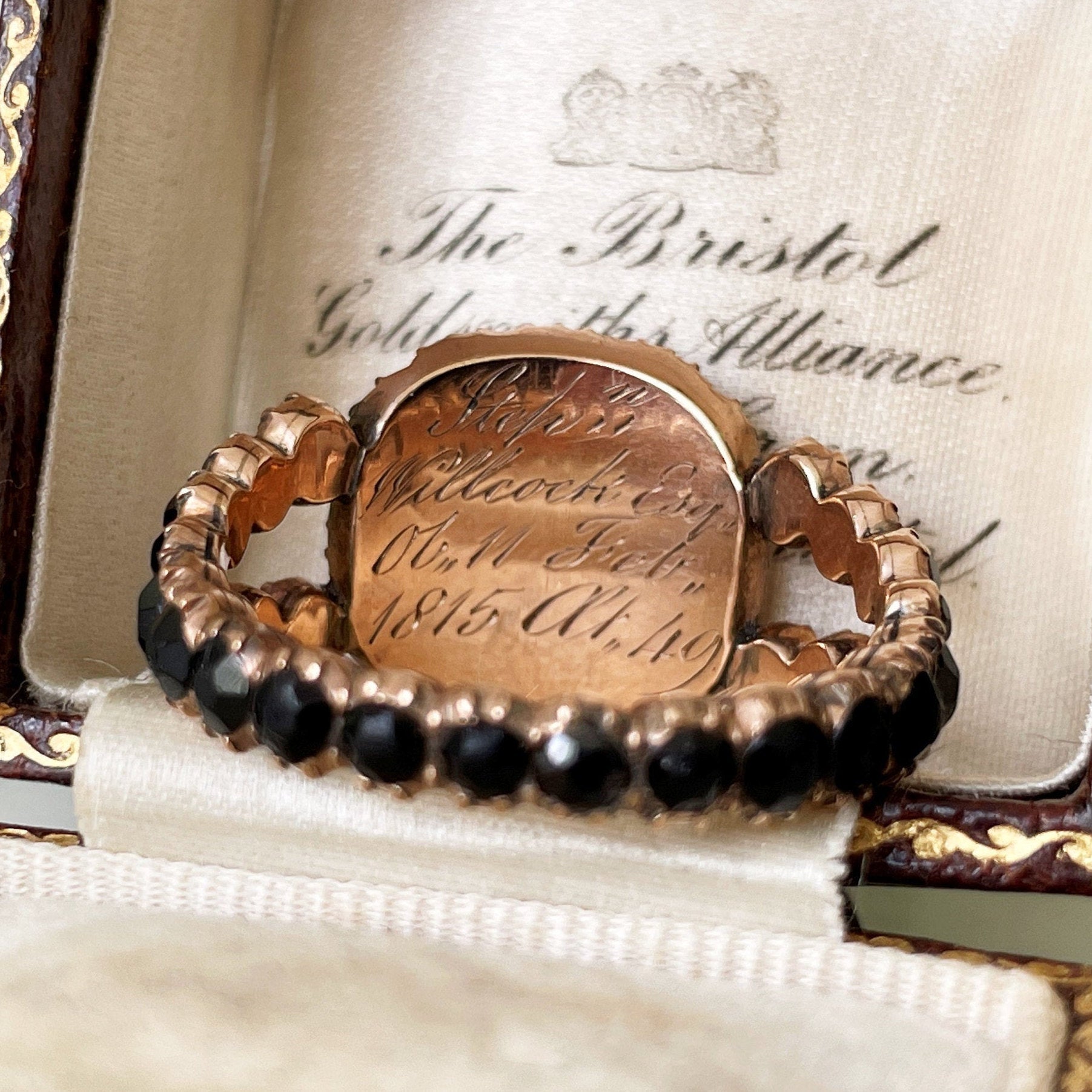 Antique Georgian 18ct Gold Mourning Ring, Engraved 1815. Gents Stuart Crystal Black Paste Memorial Ring With Hair Compartment. Regency Ring