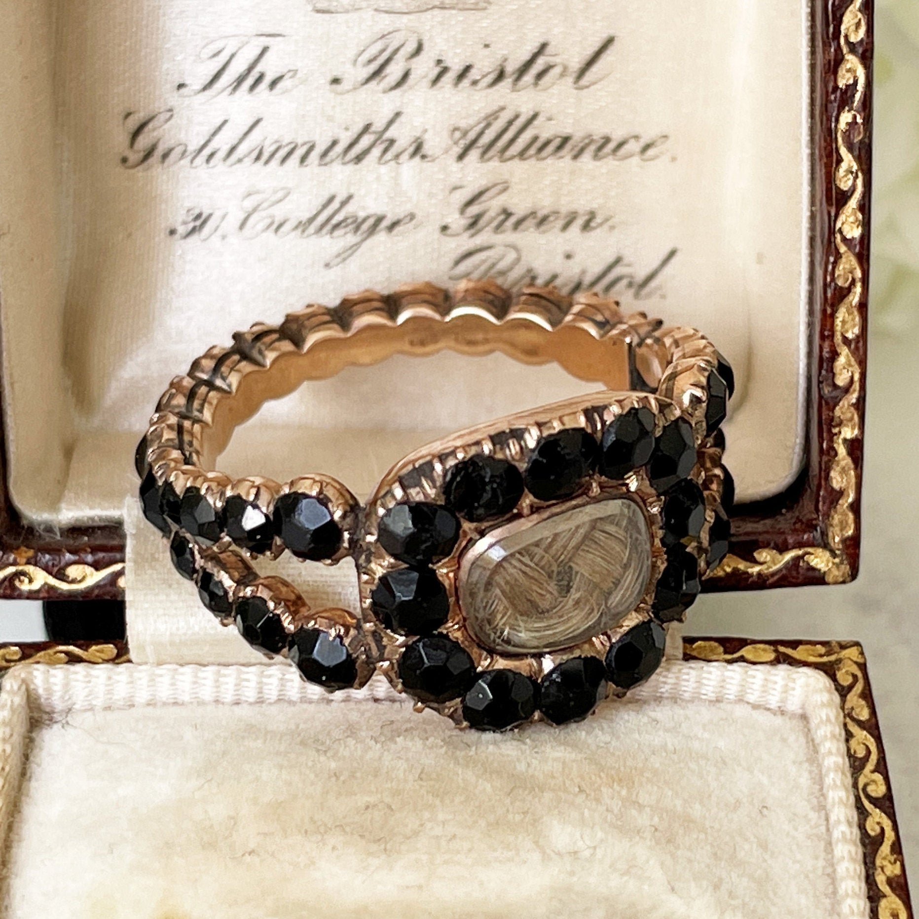 Antique Georgian 18ct Gold Mourning Ring, Engraved 1815. Gents Stuart Crystal Black Paste Memorial Ring With Hair Compartment. Regency Ring