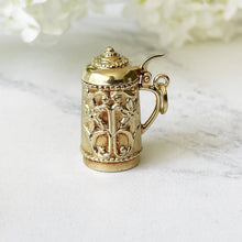 Load image into Gallery viewer, Vintage Italian 14ct Gold Pendant. Etruscan Style Beer Stein Necklace Pendant. Engraved Flower &amp; Scroll Lidded Flagon Pendant
