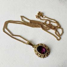 Cargar imagen en el visor de la galería, Vintage 14ct Rolled Gold Amethyst Pendant and Chain. Victorian Style Paste Amethyst Pendant Necklace, Kordes &amp; Lichtenfels Jewelry, Germany
