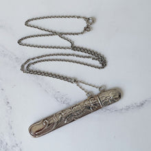 Load image into Gallery viewer, Vintage Sterling Silver Etui Needle Case Pendant Necklace. Victorian Art Nouveau Style Engraved Iris Silver Chatelaine Accessory
