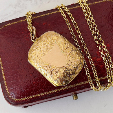 Antique 9ct Gold Rectangular Locket. Engraved 2 -Sided Square Edwardian Gold Locket. English Gold Locket 2-Photo Locket, Chester 1907