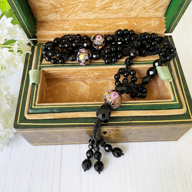 Antique Art Deco French Jet Sautoir Necklace. Black Venetian Murano Glass & Italian Wedding Cake Beads. Long Flapper Necklace With Tassel