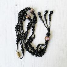 Load image into Gallery viewer, Antique Art Deco French Jet Sautoir Necklace. Black Venetian Murano Glass &amp; Italian Wedding Cake Beads. Long Flapper Necklace With Tassel
