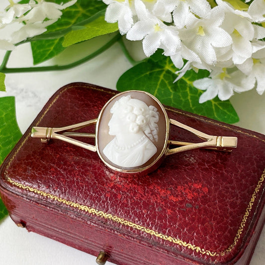 Antique 9ct Gold Bar Brooch. Victorian/Edwardian Cameo Lapel/Stock/Cravat Pin. Neoclassical Carved Shell Cameo Portrait of Flora Brooch