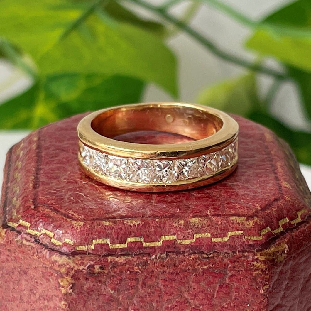 Vintage 18ct Gold Diamond Band Ring. Princess Cut 10 Diamond Half Hoop Ring, 1.5 CTW.  18K Yellow Gold Eternity/Commitment/Wedding Band