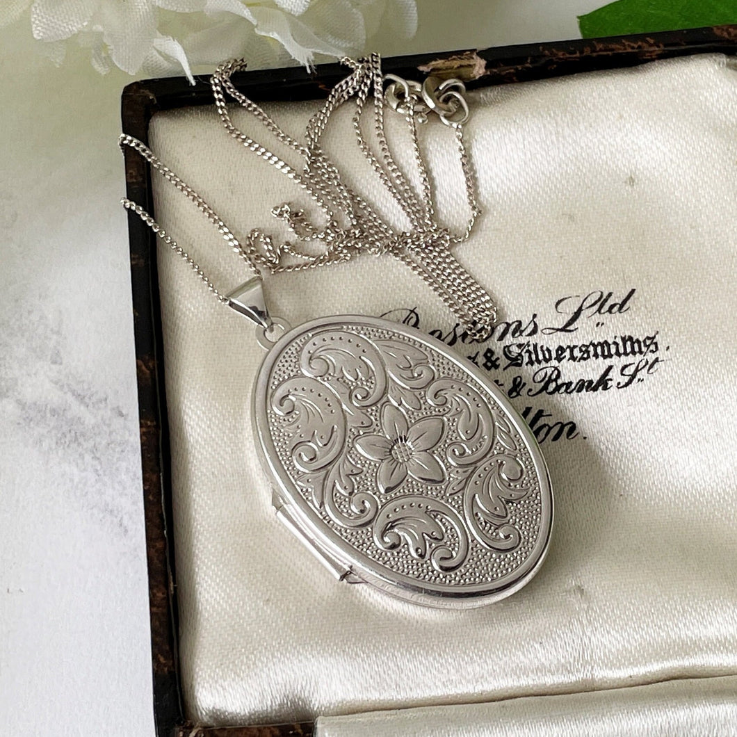 Vintage Edwardian Style Engraved Sterling Silver Locket. Floral Engraved Family Photo Locket & Chain. 4-Photo Oval Silver Locket On Chain