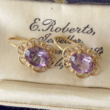 Cargar imagen en el visor de la galería, Victorian 14ct Gold Amethyst Drop Earrings. Antique Gold Filigree Oval Amethyst Dangle Earrings. Purple Gemstone Victorian Jewelry
