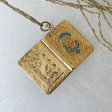 Load image into Gallery viewer, Victorian 9ct Engraved Gold Book Locket &amp; Chain. Antique Gold, Enamelled Garter Belt Locket. Bible Locket With Hair/Photo Compartment
