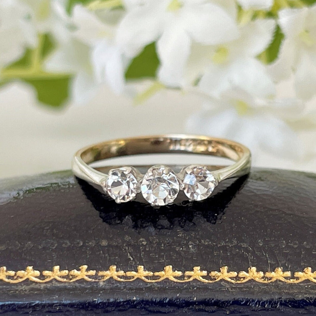 Antique Art Deco 9ct Gold & Paste Diamond Ring. 1920s 3 Stone Trilogy Engagement Ring Size US 7.5/UK P/EU 55. Antique Paste Jewelry