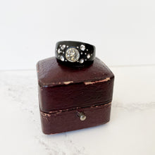 Load image into Gallery viewer, Antique Victorian Whitby Jet Mourning Ring. Victorian Black Domed Band Ring With Paste Diamonds. Saints Devotional Ring In Antique Box
