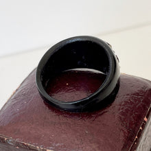 Load image into Gallery viewer, Antique Victorian Whitby Jet Mourning Ring. Victorian Black Domed Band Ring With Paste Diamonds. Saints Devotional Ring In Antique Box
