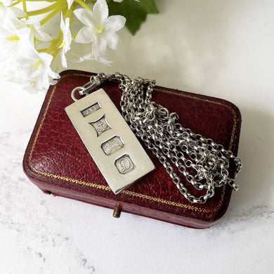 Vintage 1970s Silver Ingot Pendant With 47cm Chain. Retro English Hallmarked Sterling Silver Bullion Bar & Belcher Chain Necklace