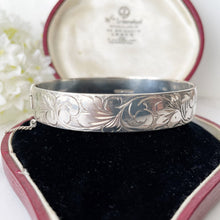 Load image into Gallery viewer, Vintage Art Nouveau Revival Sterling Silver Hinged Bangle. Engraved Iris English Silver Cuff. Excalibur Silver Bracelet, Harrods, 1968
