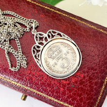 Cargar imagen en el visor de la galería, Antique Edwardian Silver Coin Pendant &amp; Chain. King George V Threepenny Coin Necklace, Dated 1919. Vintage Sterling Silver Coin Jewelry
