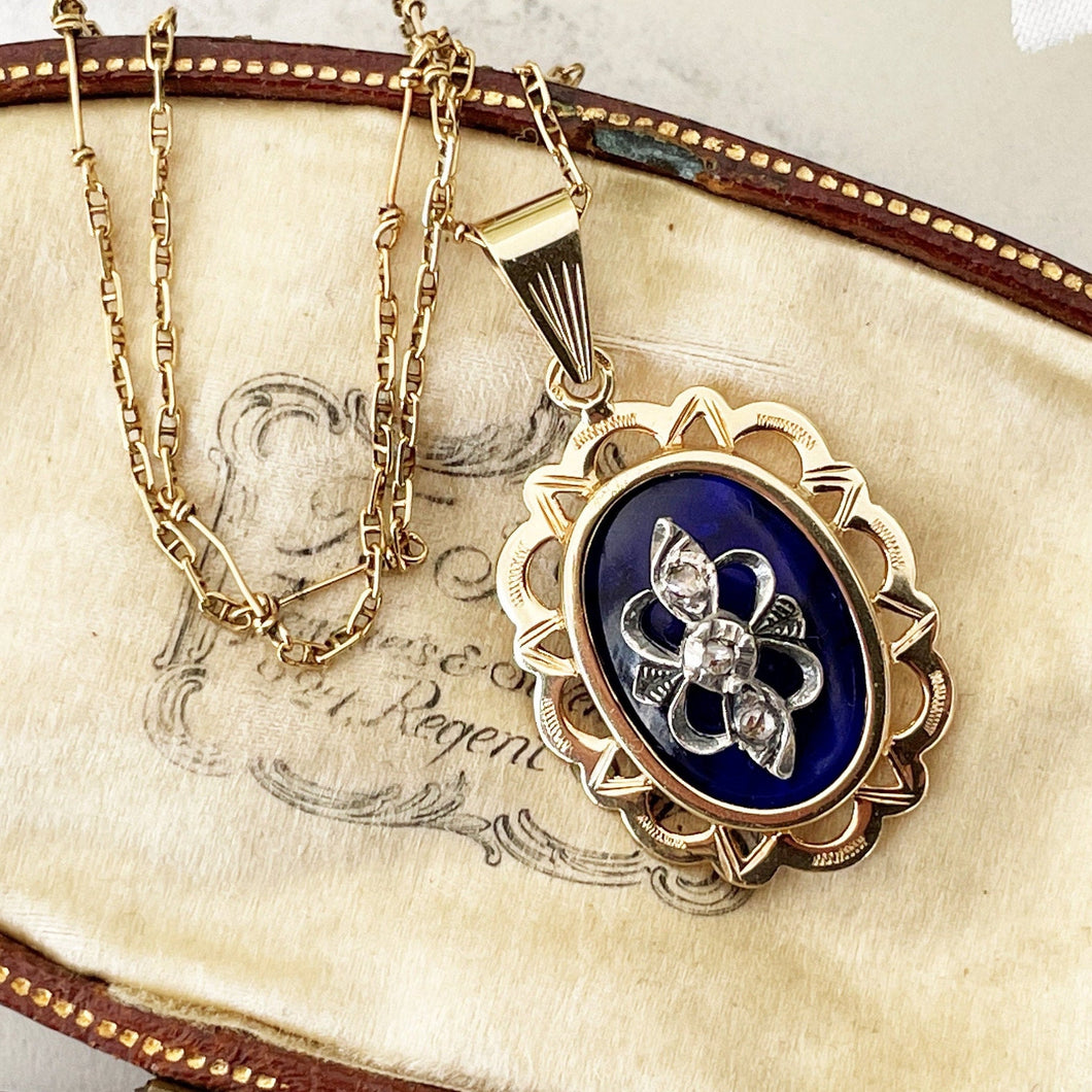 Antique 14ct Gold, Mine Cut Diamond & Cobalt Blue Glass Pendant. Georgian/Victorian 'Bague Au Firmament' Style Rococo Pendant