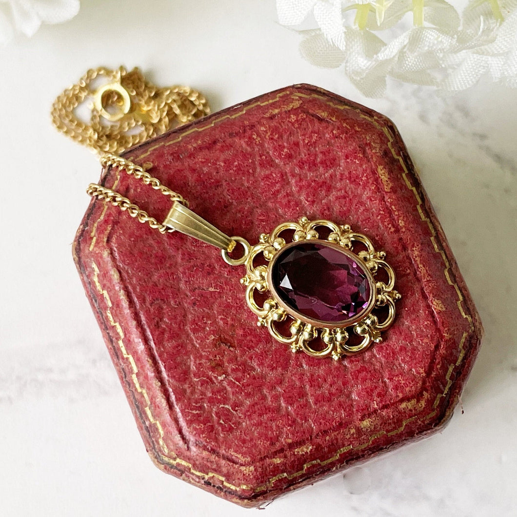 Vintage 14ct Rolled Gold Amethyst Pendant and Chain. Victorian Style Paste Amethyst Pendant Necklace, Kordes & Lichtenfels Jewelry, Germany