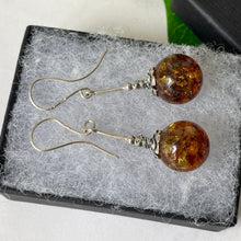 Load image into Gallery viewer, Vintage Silver Russian Baltic Amber Art Nouveau Style Earrings. Sterling Silver Long Pendant Drop Fiery Amber Earrings, Arts &amp; Crafts Style
