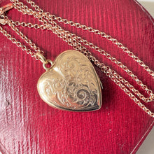 Load image into Gallery viewer, Antique Victorian Rose Gold Heart Locket &amp; Chain. Flower and Fern Engraved Rolled Gold Photo Locket. Large Puffy 2-Photo Locket Necklace
