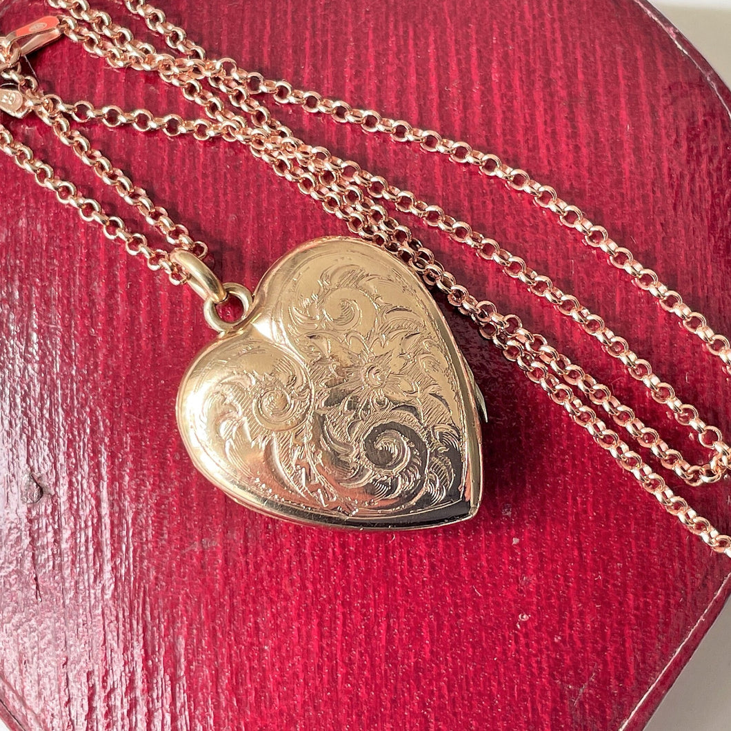 Antique Victorian Rose Gold Heart Locket & Chain. Flower and Fern Engraved Rolled Gold Photo Locket. Large Puffy 2-Photo Locket Necklace